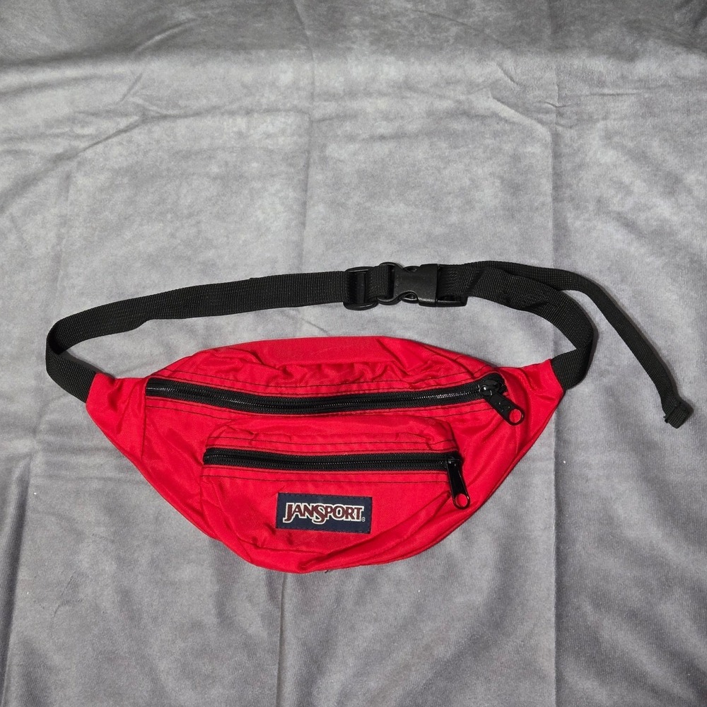 Vintage 90s Jansport Red Fanny Pack Belt Buckle Bag 2 Zipper Pocket